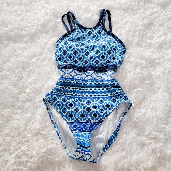 Tommy Bahama Blue and Black High Neck One Piece Swimsuit